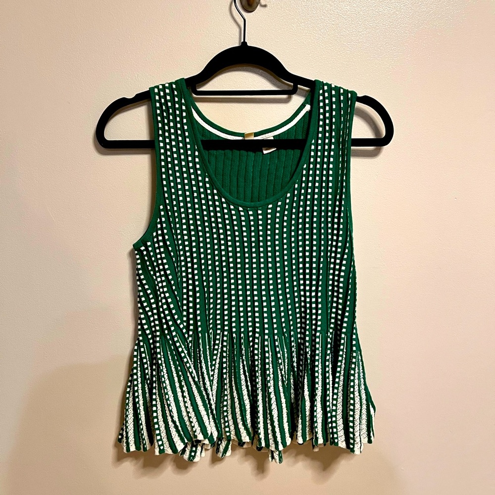 Green and White Knitted Peplum Style Tank Top - Size Small